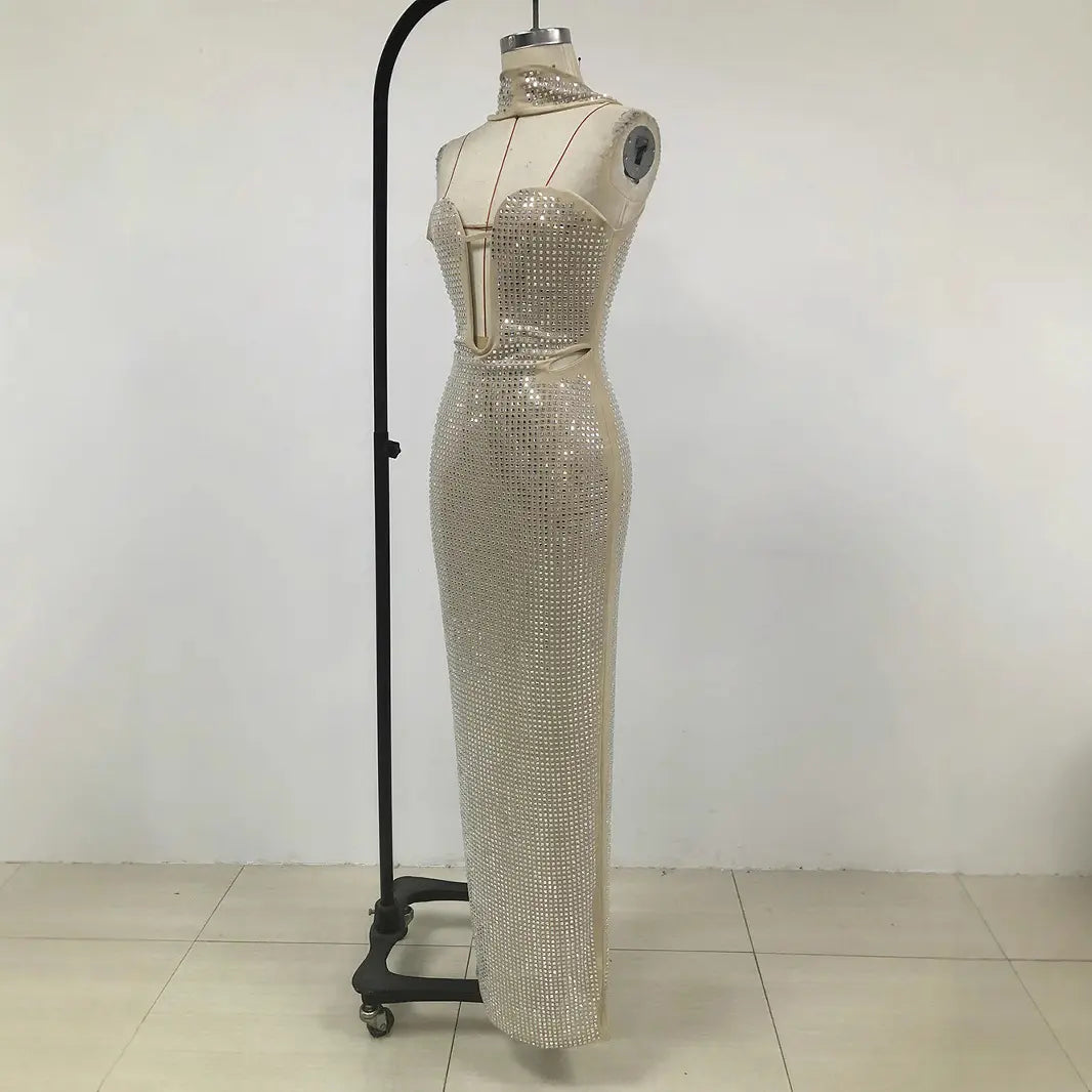 Custom made factory low MOQ custom elegant women's hot diamond rhinestone camisole luxury party dress long evening gown