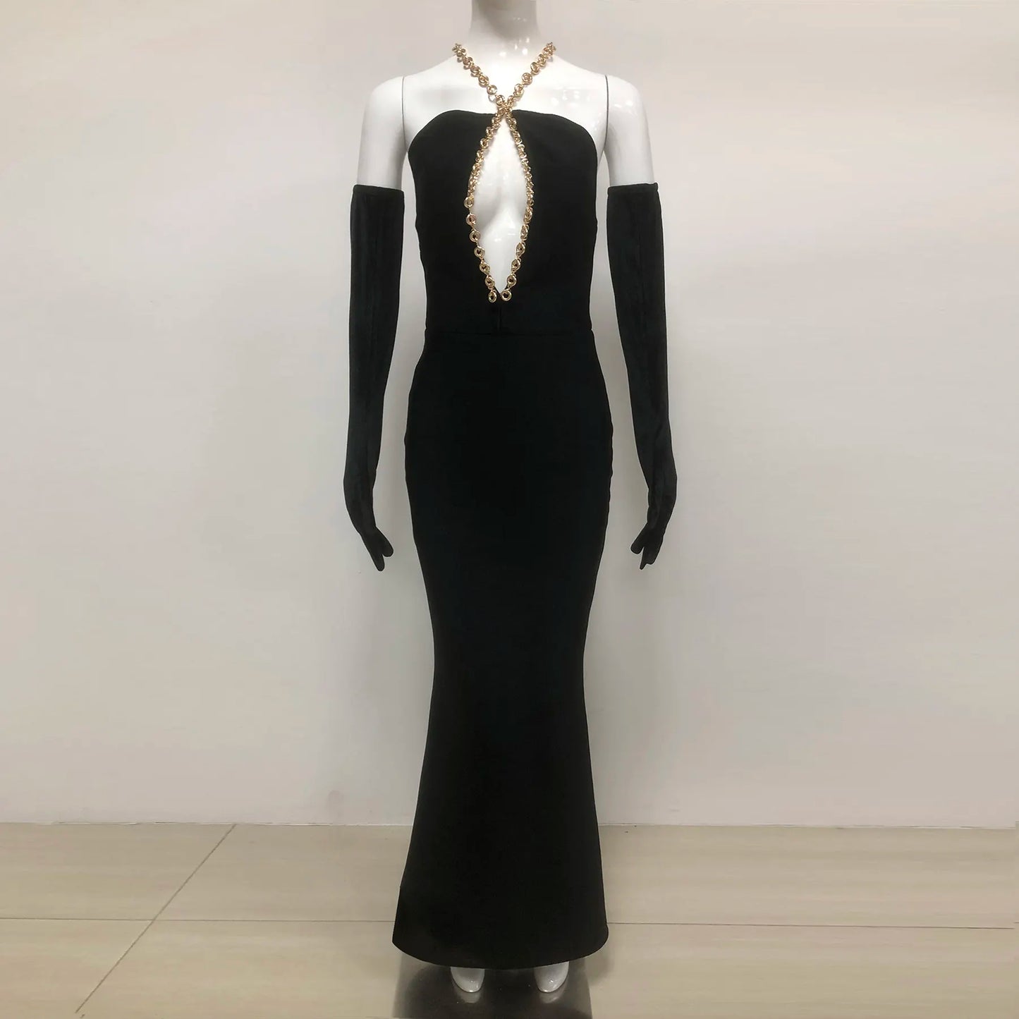 Luxury wedding dress women camisole metal chain black long tight evening dress women nightgown