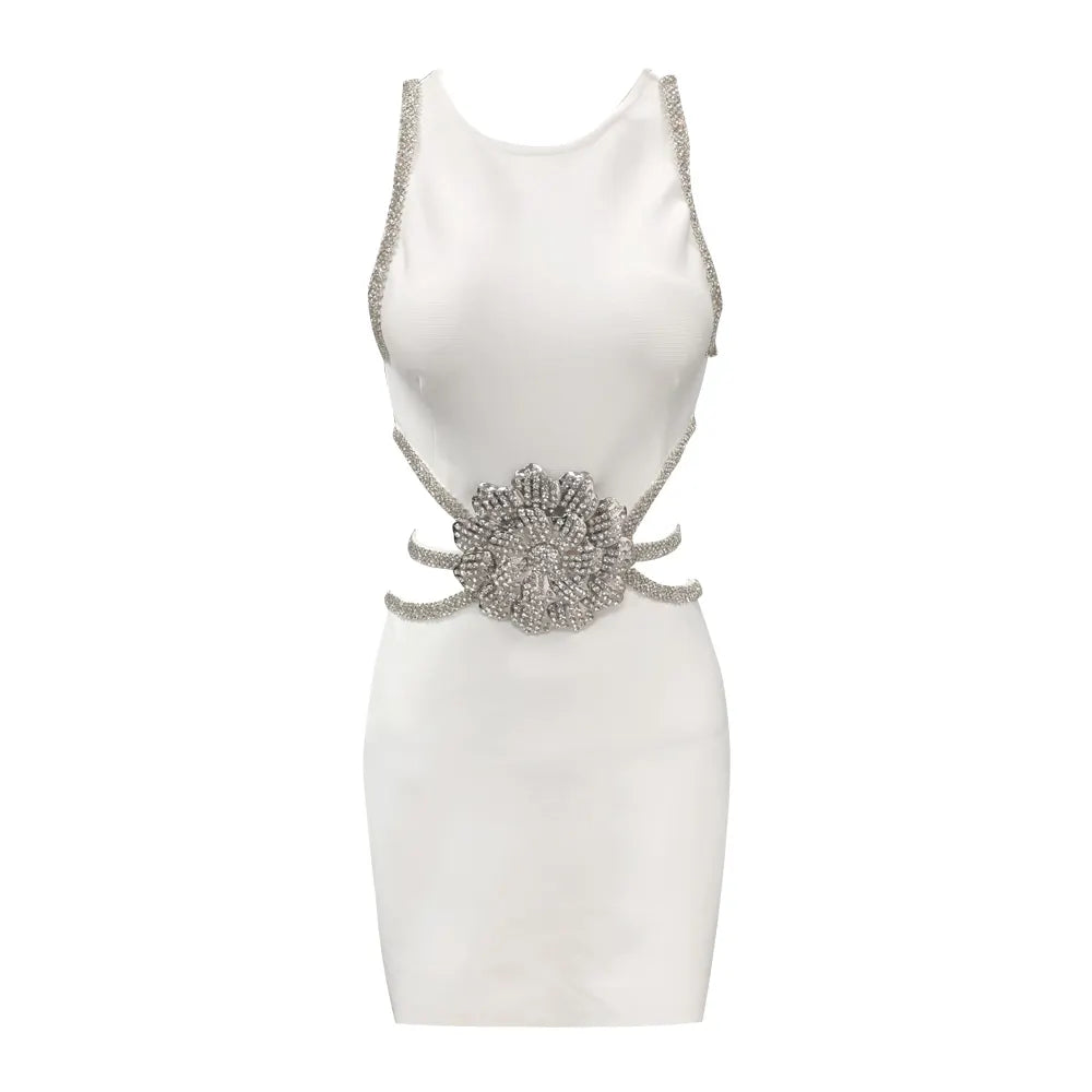 Fashion Sexy Women's Short Party Dress Sleeveless Black Mini Evening Dress Luxury Club Dress Rhinestone Floral