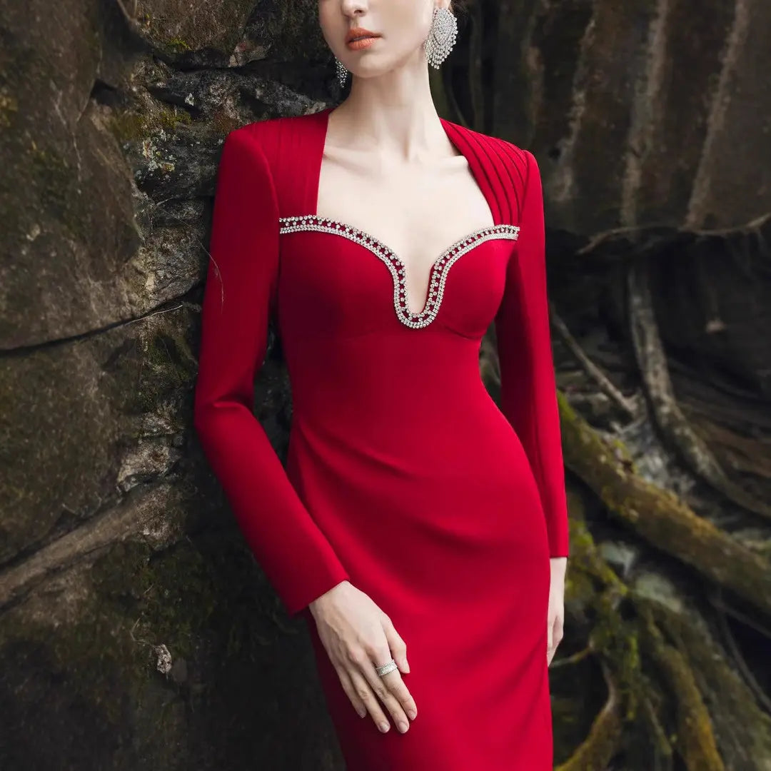 Custom made luxury women evening gown elegant long sleeve diamond beaded party bandage dress red evening gown dress