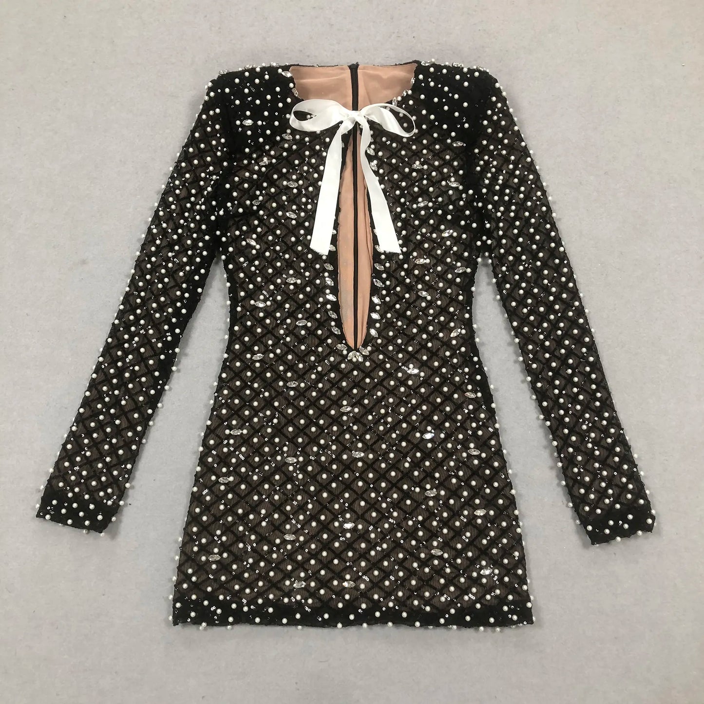 OEM factory custom clothing women pearl sequin black mini dress cut short party wear club wear women sexy