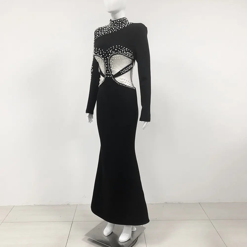 Luxury women designer bandage dress designer women party black dress elegant pearl evening dress