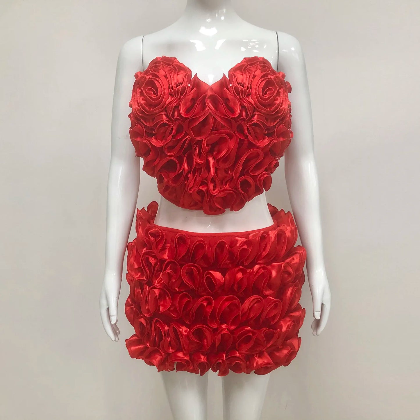 2025 Luxury Brand Women's 2 Piece Set Summer Club Suit Red Heart Top Mini Skirt Two Piece Set 3D Flowers