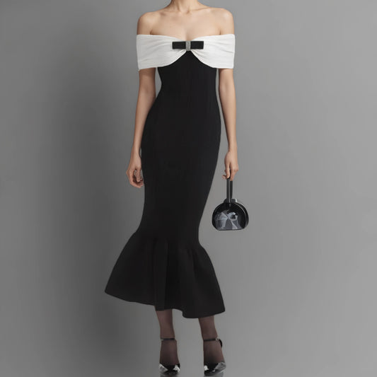 Wholesale Elegant Women Off Shoulder Black Evening Dress Female Mermaid White Bow Long Dress