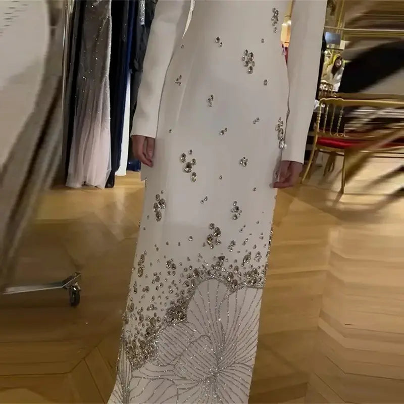 High quality custom made women's clothing manufacturing heavy duty beaded rhinestones long party dress luxury floor length white evening gown