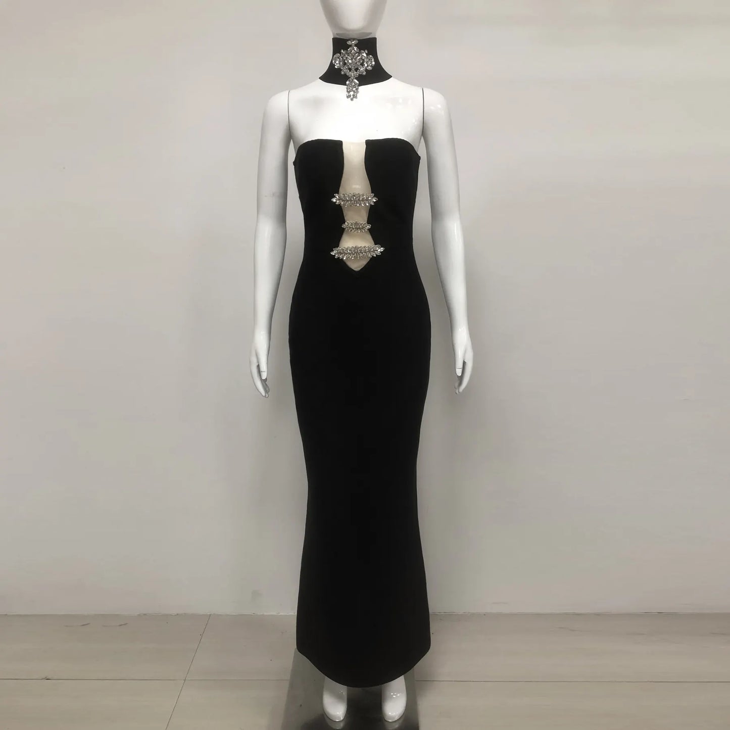 Custom bandage dress manufacturer luxury rhinestone elegant gown women long bodycon black evening dress