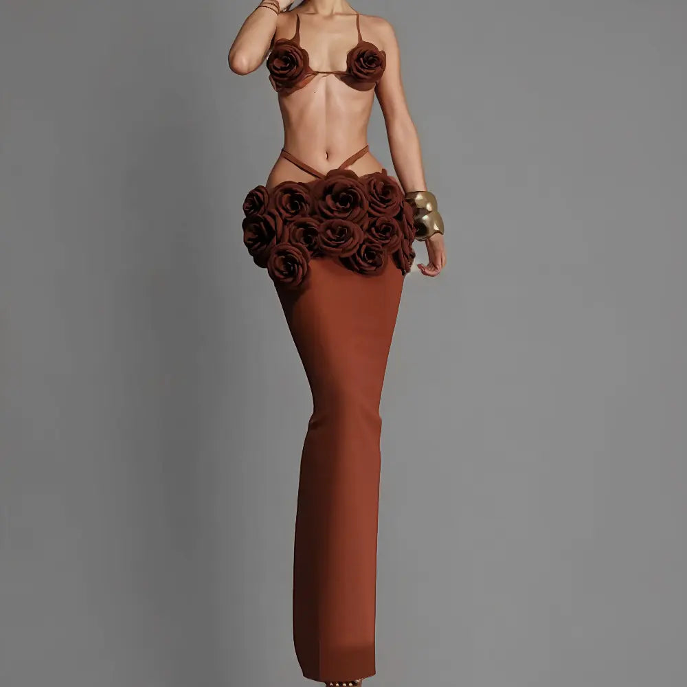 Trend 2025 Latest Arrivals Sexy Dark Brown Bandage Dress 3D Flower Top Floral Maxi Dress Two Piece Set