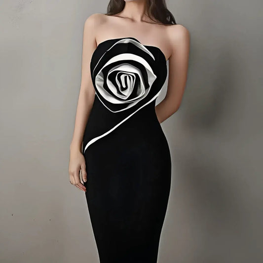 Custom Elegant Womenswear Ladies Black Long Bodycon Floral Bandage Evening Dress 3d Flower Party Club Dress