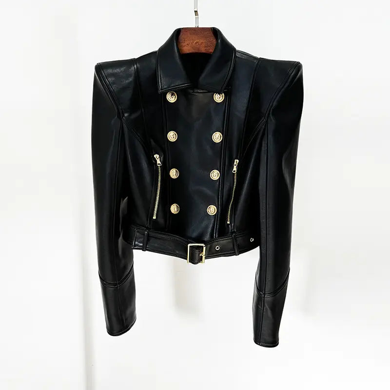 2025 Spring New Fashion Women's Black Suit Jacket Double Breasted Short High Quality Women's Leather Jacket