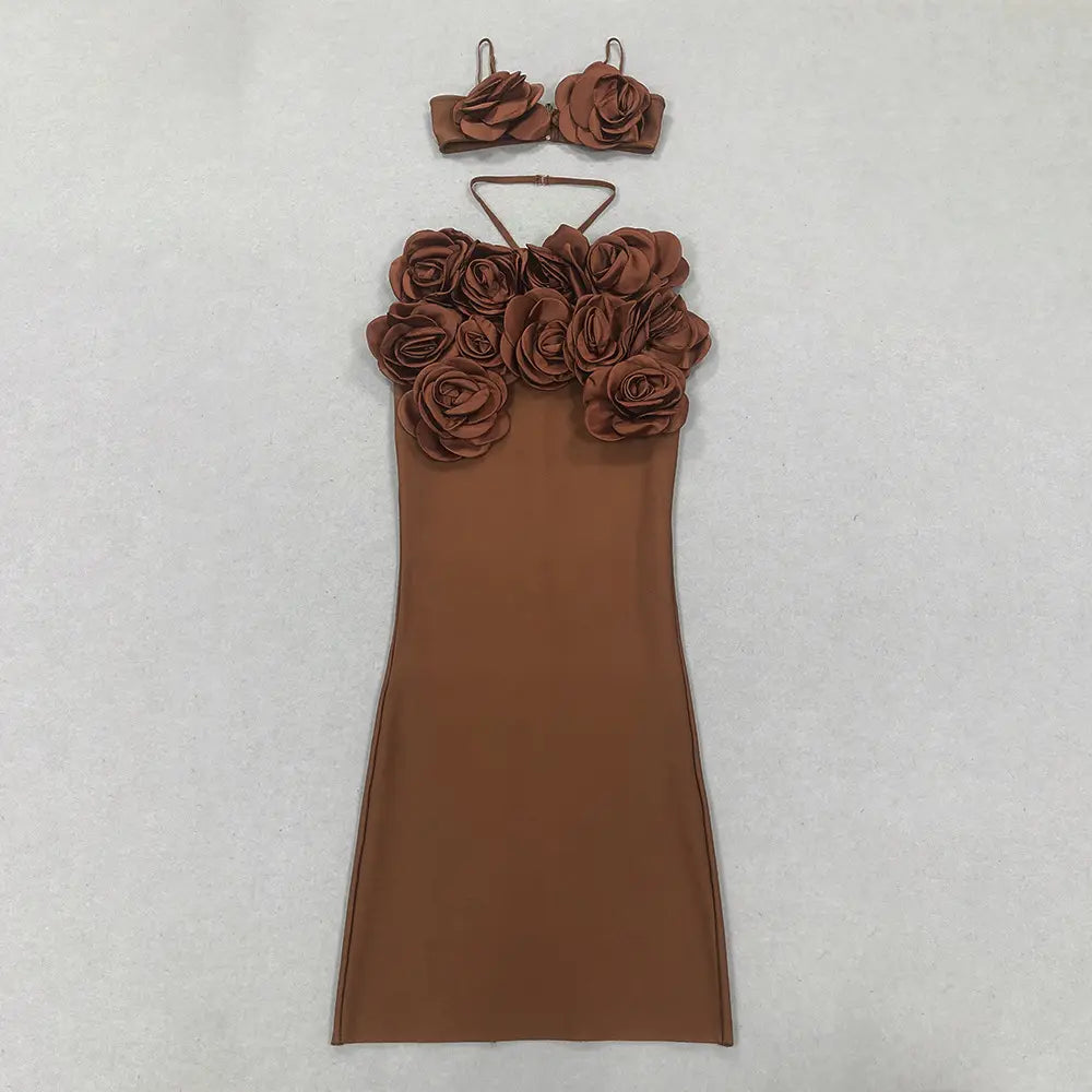 Trend 2025 Latest Arrivals Sexy Dark Brown Bandage Dress 3D Flower Top Floral Maxi Dress Two Piece Set