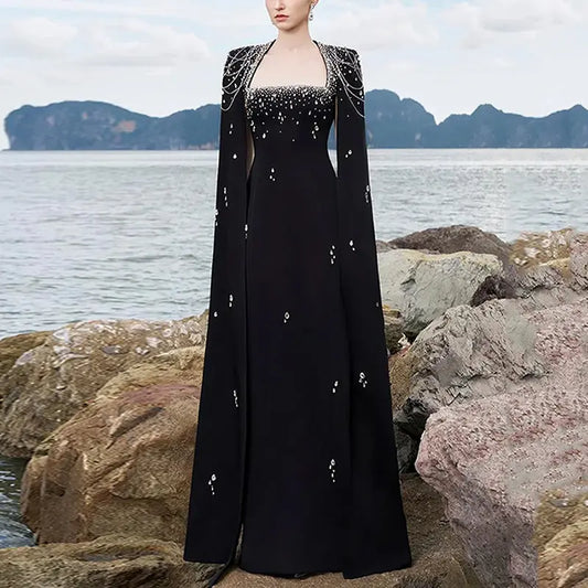 2025 Elegant Beaded Floor Standing Women's Formal Evening Dress Luxury Beaded Modest Evening Dress Long Cape Sleeves