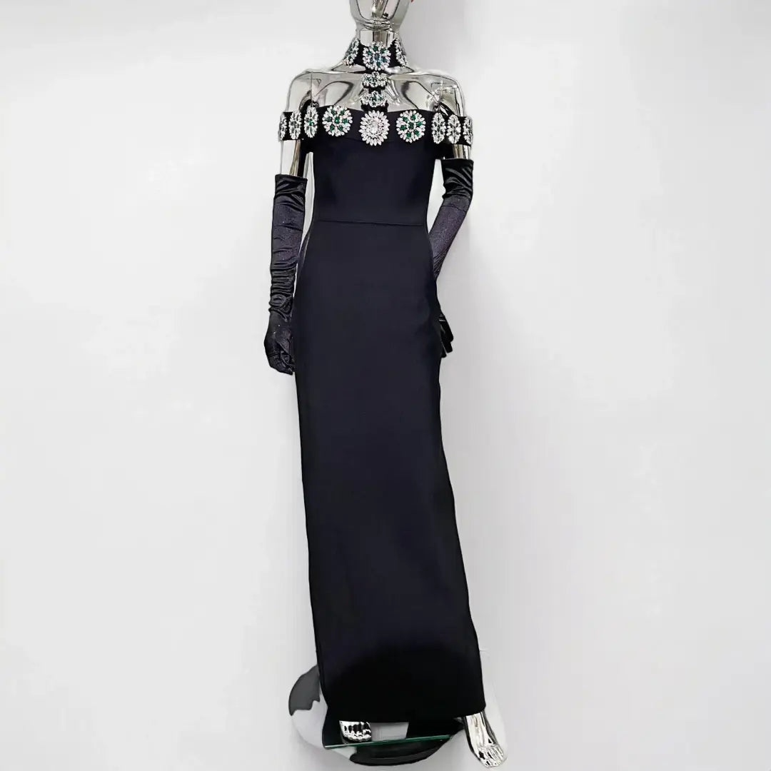 2024 New Trend Evening Dresses Women Party Wear Elegant High Form Rhinestone Bandage Dress With Gloves