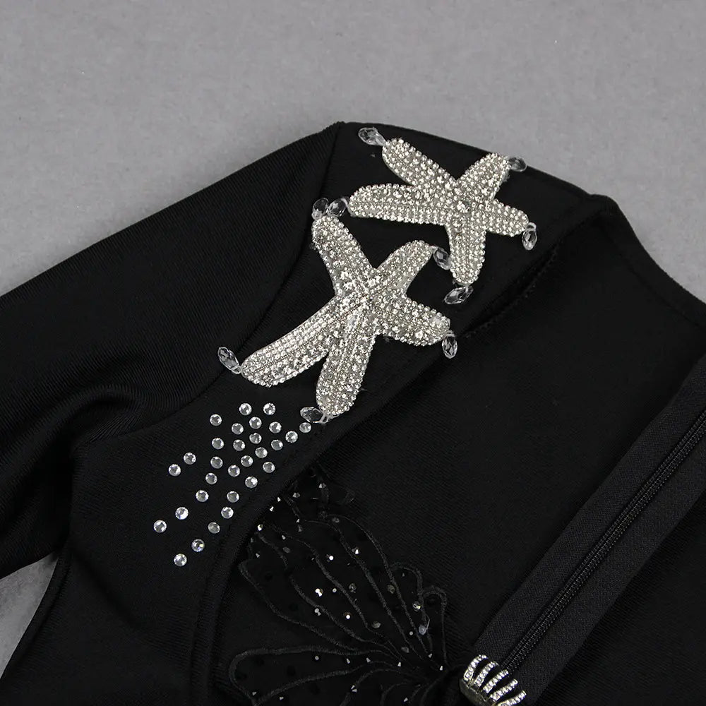 2025 New Arrival Summer Women's Black Formal Prom Bandage Mini Dress Sexy Short Party Dress Hollow Starfish Long Sleeve