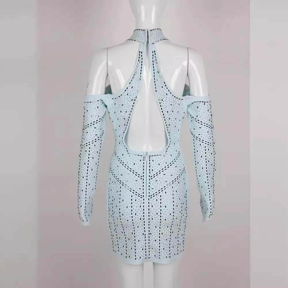 Wholesale Women's Rhinestone Sexy Hollow Long Sleeve Mini Dress Luxury Evening Bandage Short Party Dress