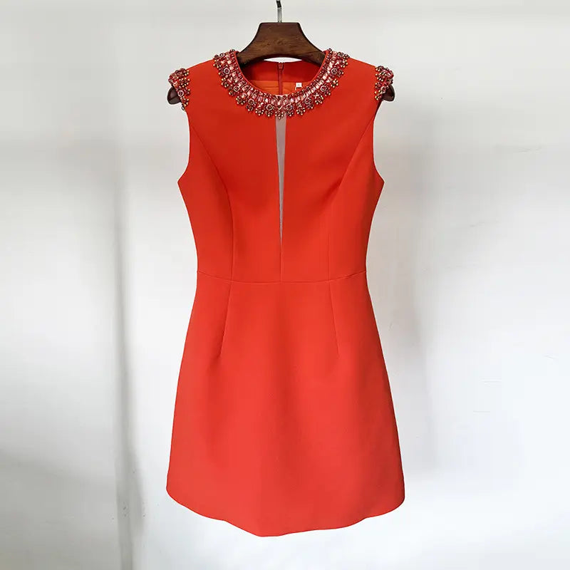 2025 Summer New Short Party Dress Fashion Beaded Rhinestone Red Front Women Elegant Formal Vest Mini Party Dress