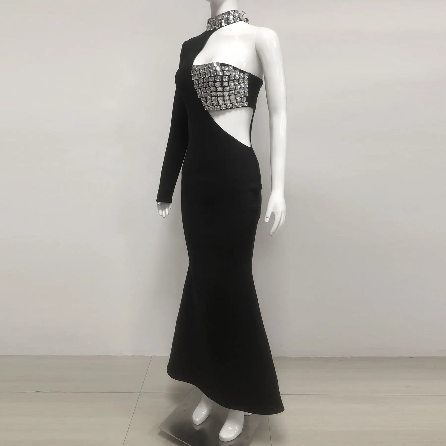 Luxury Long Black Bandage Bodycon Dress One Shoulder Elegant Gown Rhinestone Mermaid Gown Prom Evening Dress