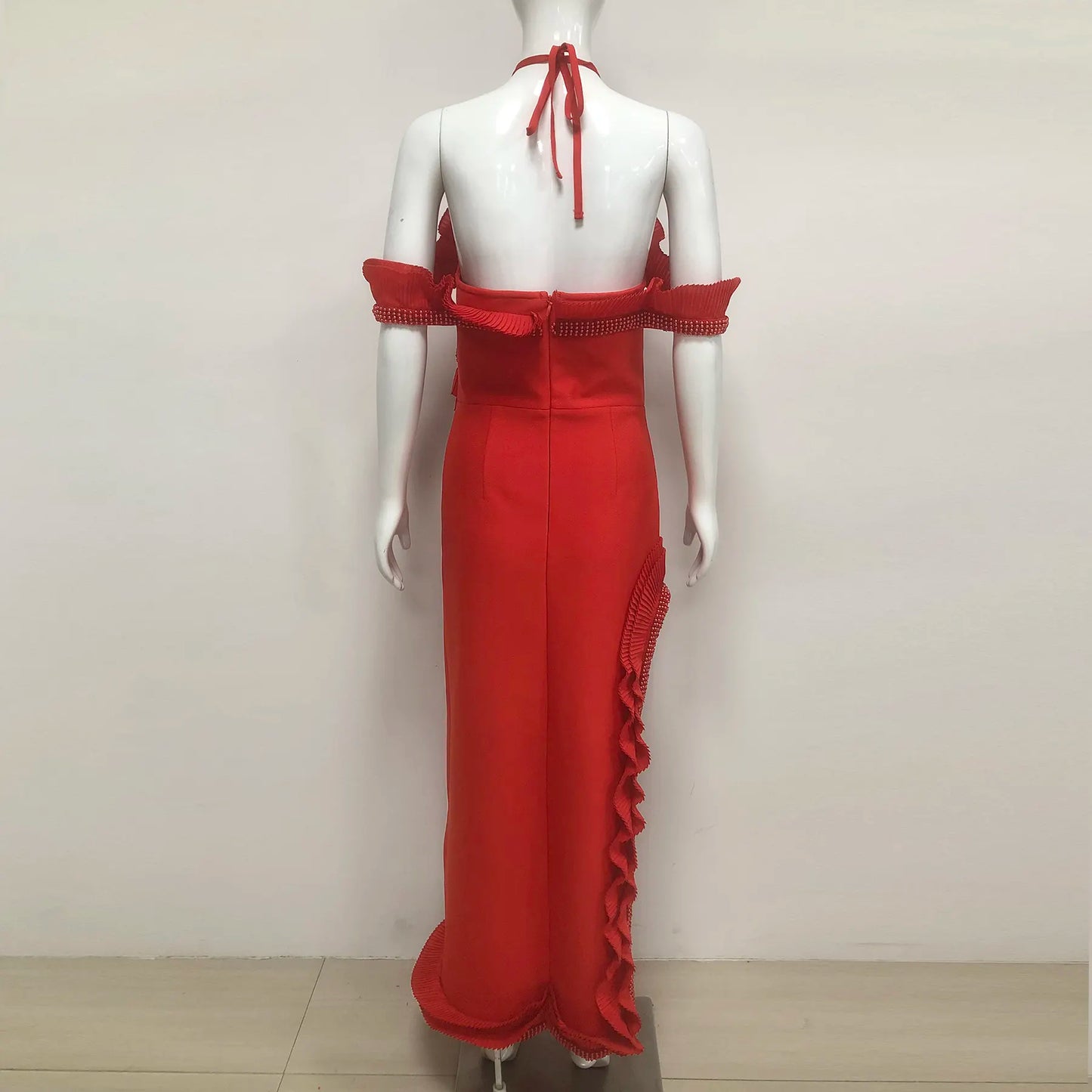 High Quality Party Dress Luxury Ruffle Long Bodycon Backless Red Dress Fashion Show Set Women Elegant Gown Evening Dress