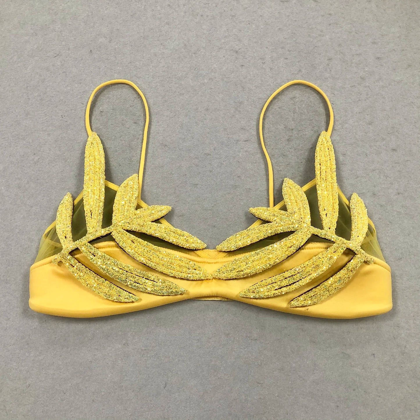 Wholesale high quality women's charming yellow glitter leaf design bra luxury sexy lingerie