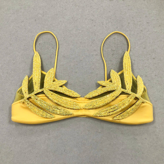 Wholesale high quality women's charming yellow glitter leaf design bra luxury sexy lingerie