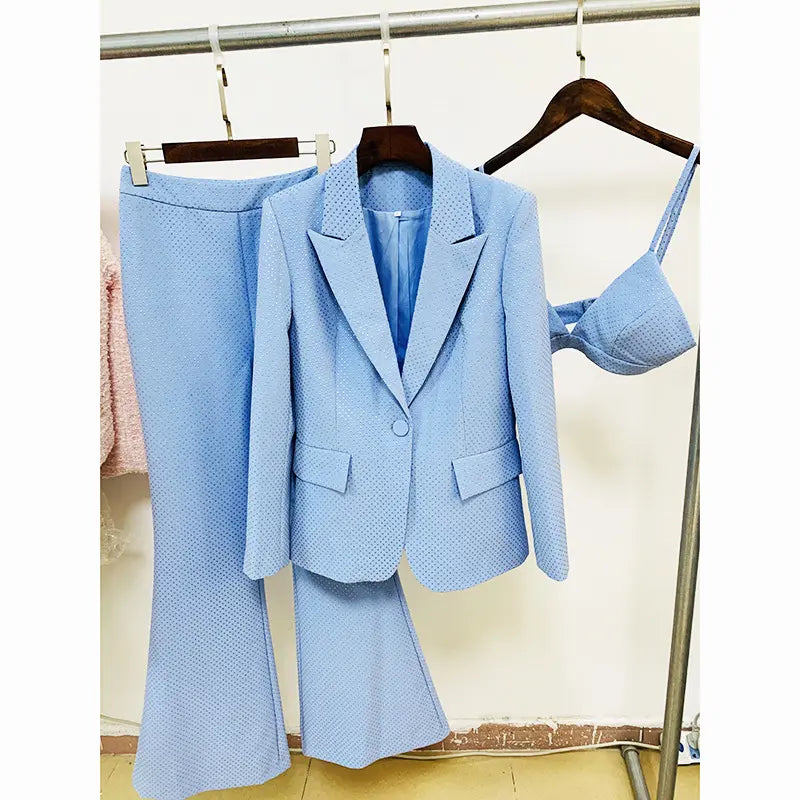 Custom-made factory-made fashion brand clothing single-button sports jacket vest bra bell-bottom pants sky blue three-piece women's suit