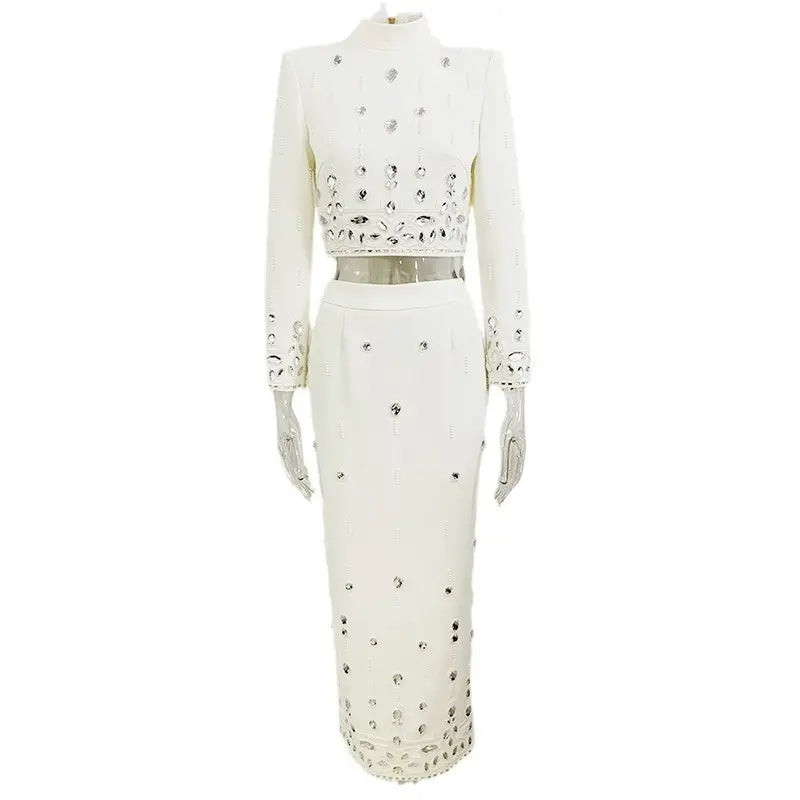 Fashion ladies two piece dress beaded diamond short long dress suit rhinestone 2 piece set 4