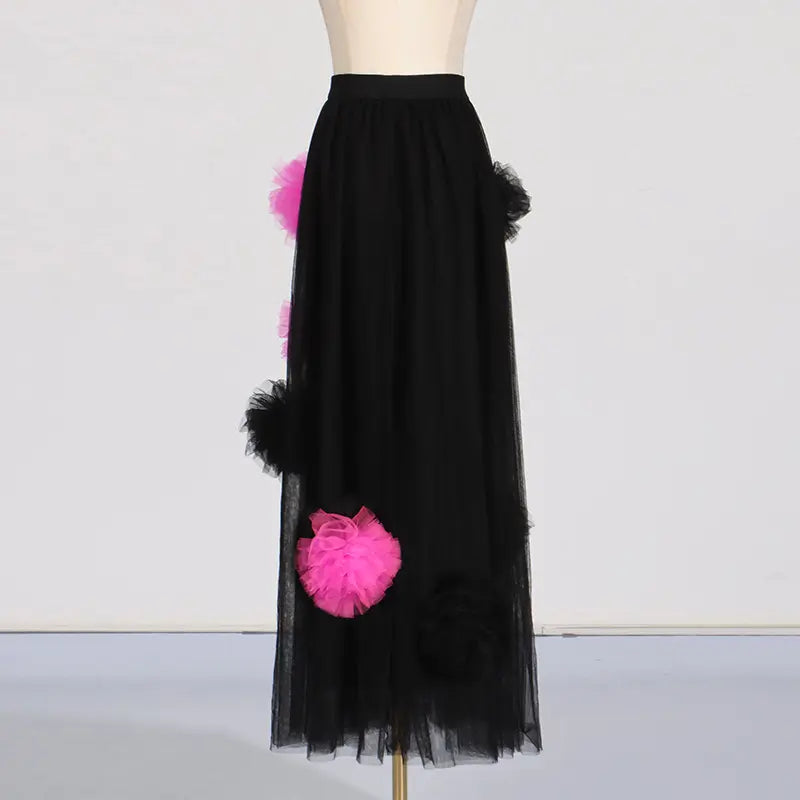 Summer Women's Casual Tulle Dress with Flowers Semi-transparent Maxi Dress