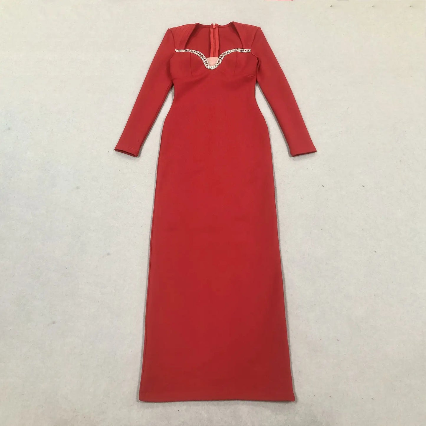 Custom made luxury women evening gown elegant long sleeve diamond beaded party bandage dress red evening gown dress