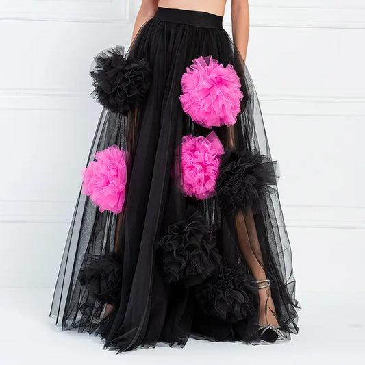Summer Women's Casual Tulle Dress with Flowers Semi-transparent Maxi Dress