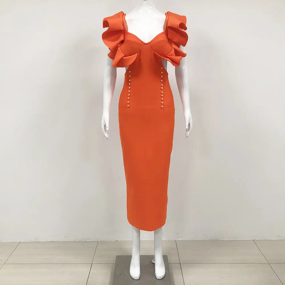 Wholesale Dropshipping Elegant Evening Dress Orange Bandage Dress Party Wear Luxury Women Ruffle Sleeve Evening Dress