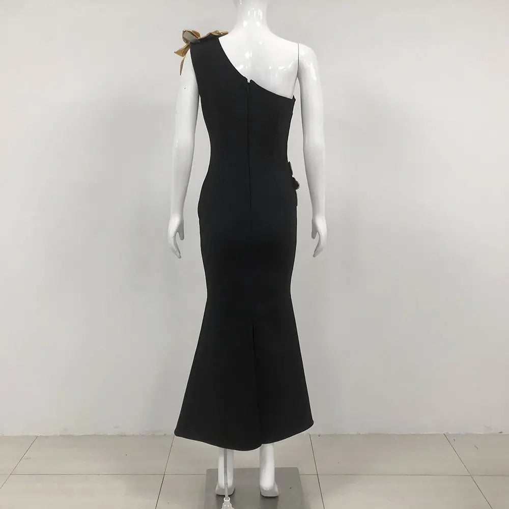 Wholesale women's elegant black club wear sexy party wear gold 3D flower cut out maxi dress evening gown