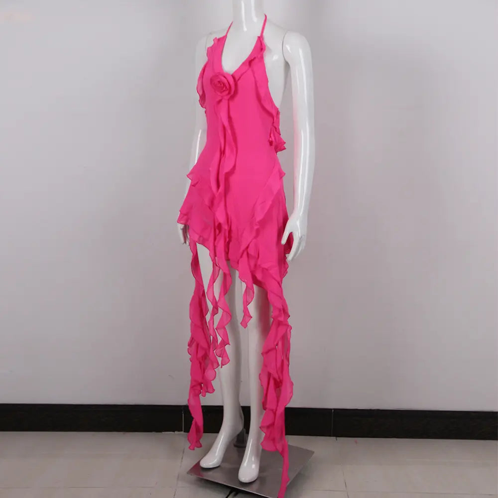 Roupas De Moda Feminina Summer Women Sexy V-Neck Backless Ruffle Bodycon Birthday Dress Asymmetric Ruffle Party Dress