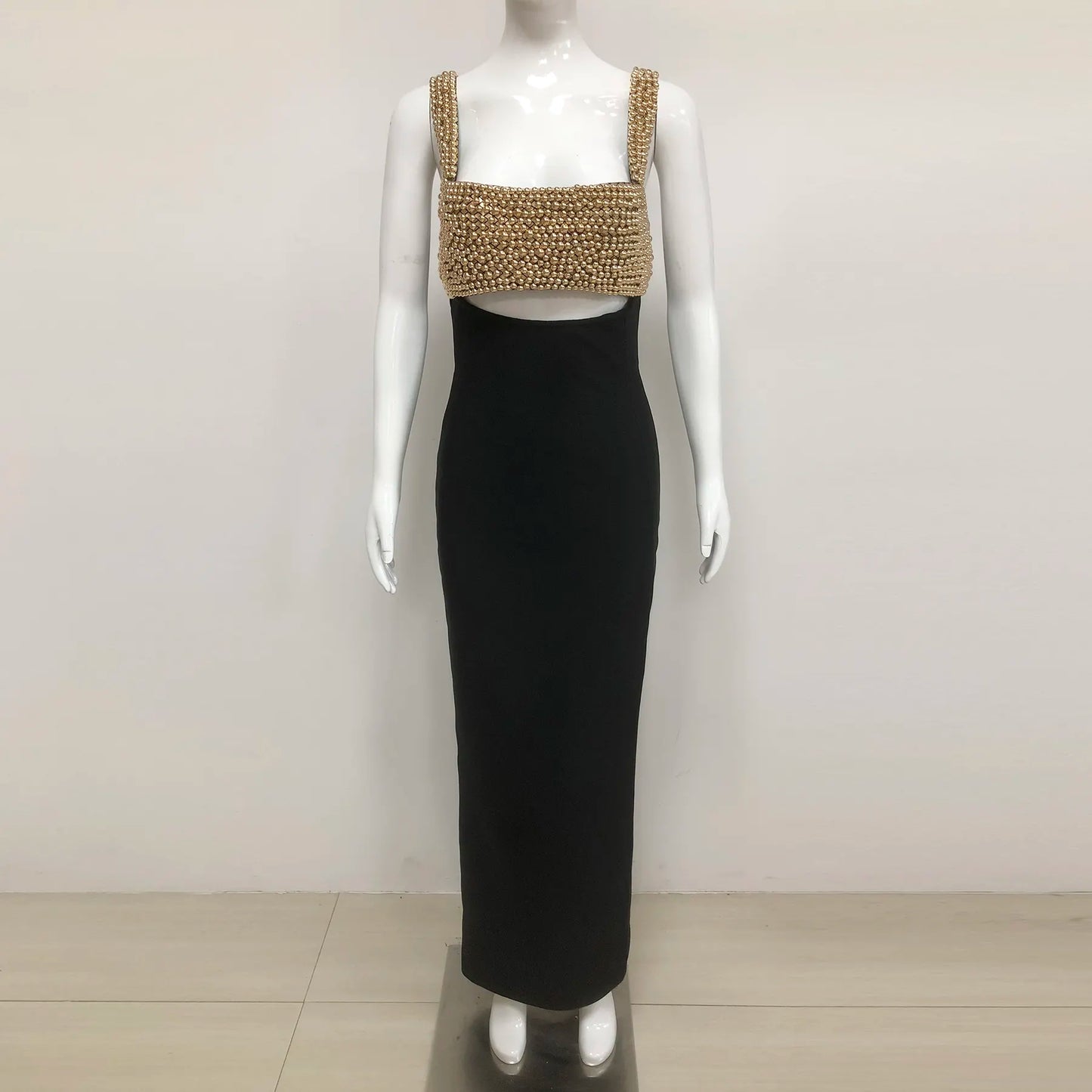 Elegant women's long dress sparkling party bandage dress luxury evening dress gold beaded black evening gown