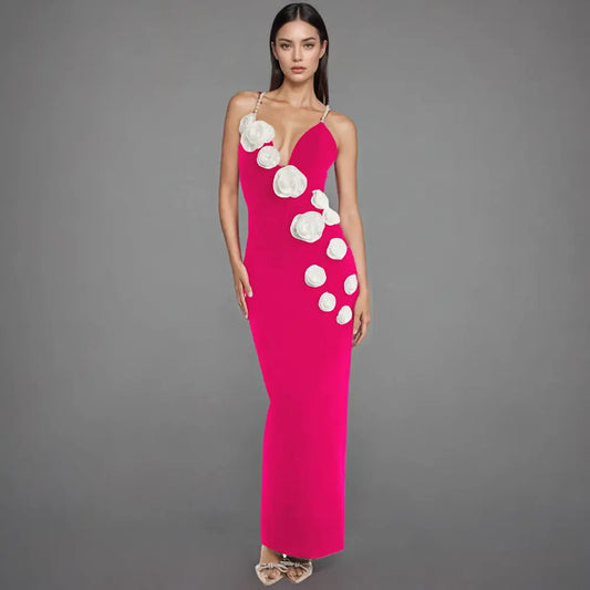 Elegant women's wear luxury evening gown robe luxury women formal 3d flower dress with pearl strap