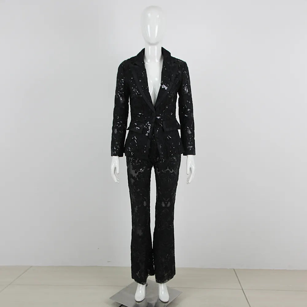 Sexy ladies suits office wear formal sequin lace translucent ladies elegant tuxedo suit two piece suit