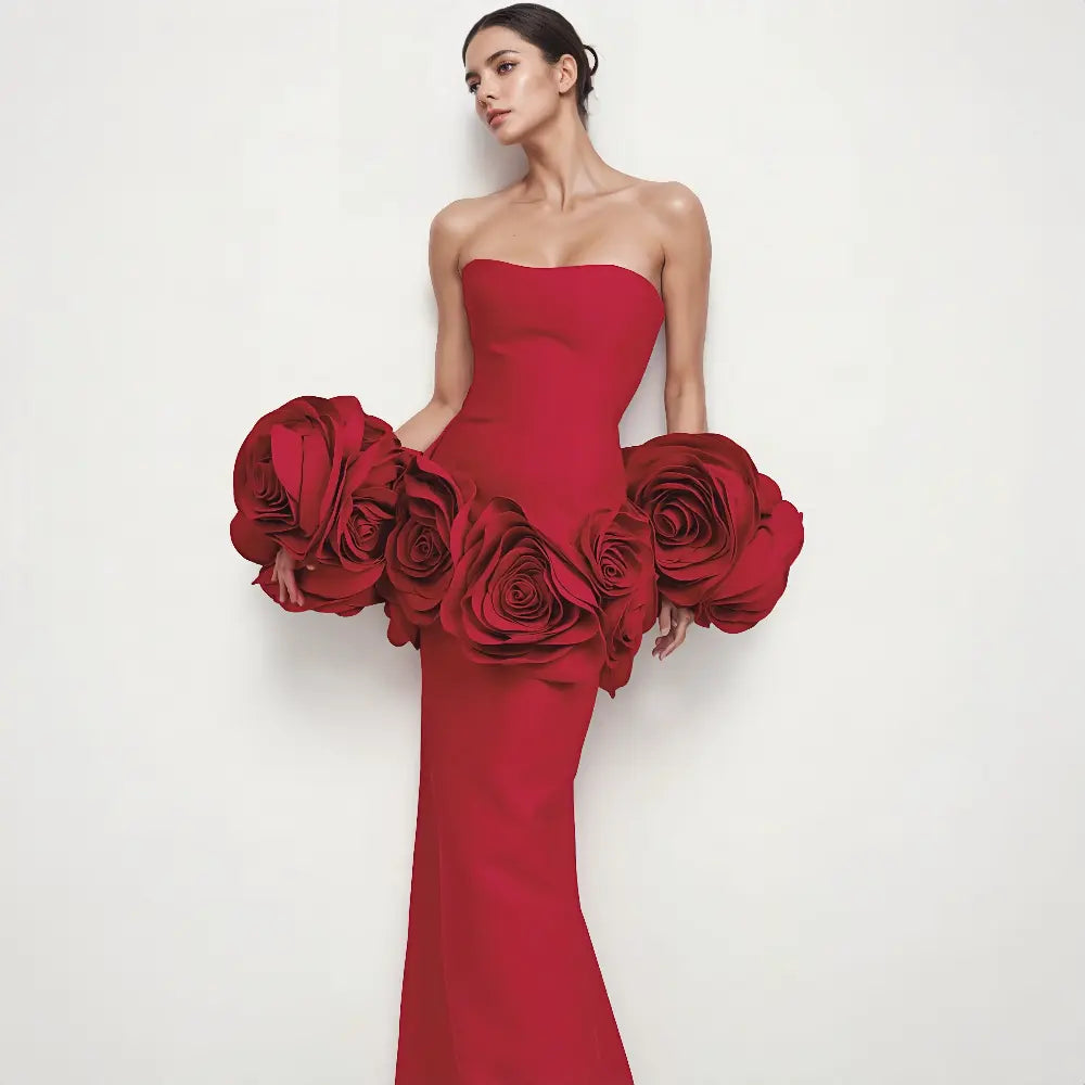Wholesale women's clothing 2025 ladies prom dresses 3D flower elegant black long evening dress engagement party dresses for women