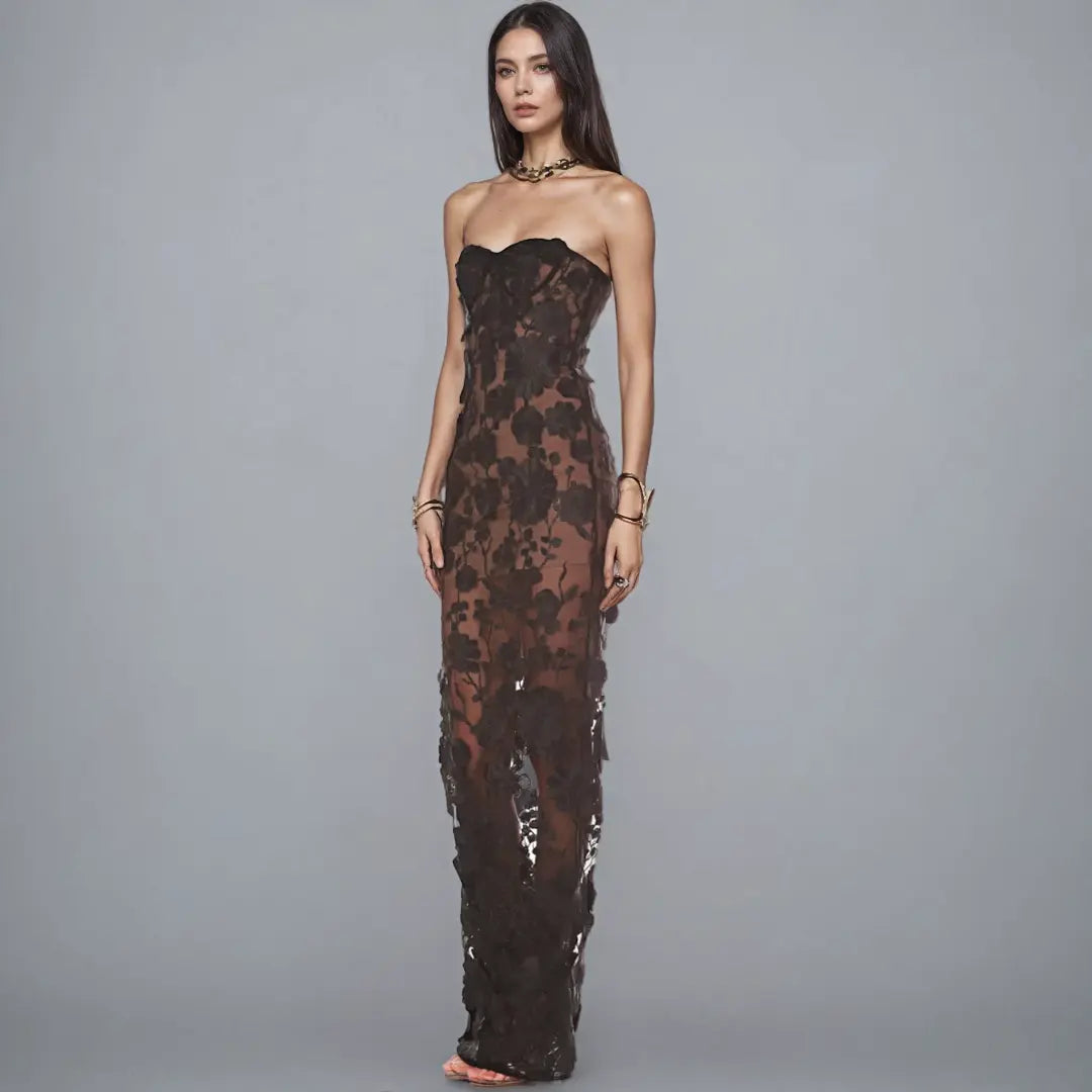 Custom Women's Dress Manufacturer Luxury 3D Flowers Embroidered Maxi Dress Party Dress Embroidered Evening Dress