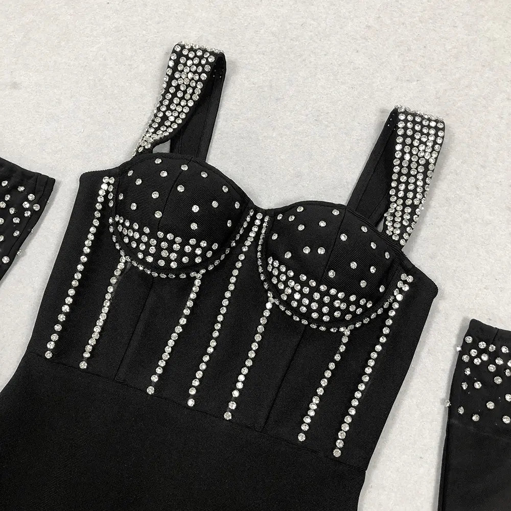Custom Design Women Rhinestone Birthday Party Wear Black Long Bandage Gown Nightgown Maxi Dress With Gloves Evening Dress