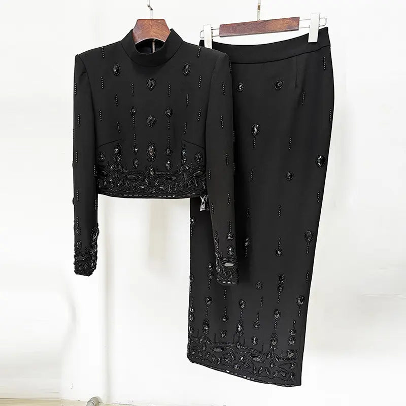 Fashion ladies two piece dress beaded diamond short long dress suit rhinestone 2 piece set 4