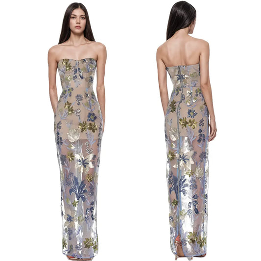 Custom Women's Boutique Clothing Embroidered Dress Elegant Long Transparent Design Handmade Sequin Embroidery Floral Dress