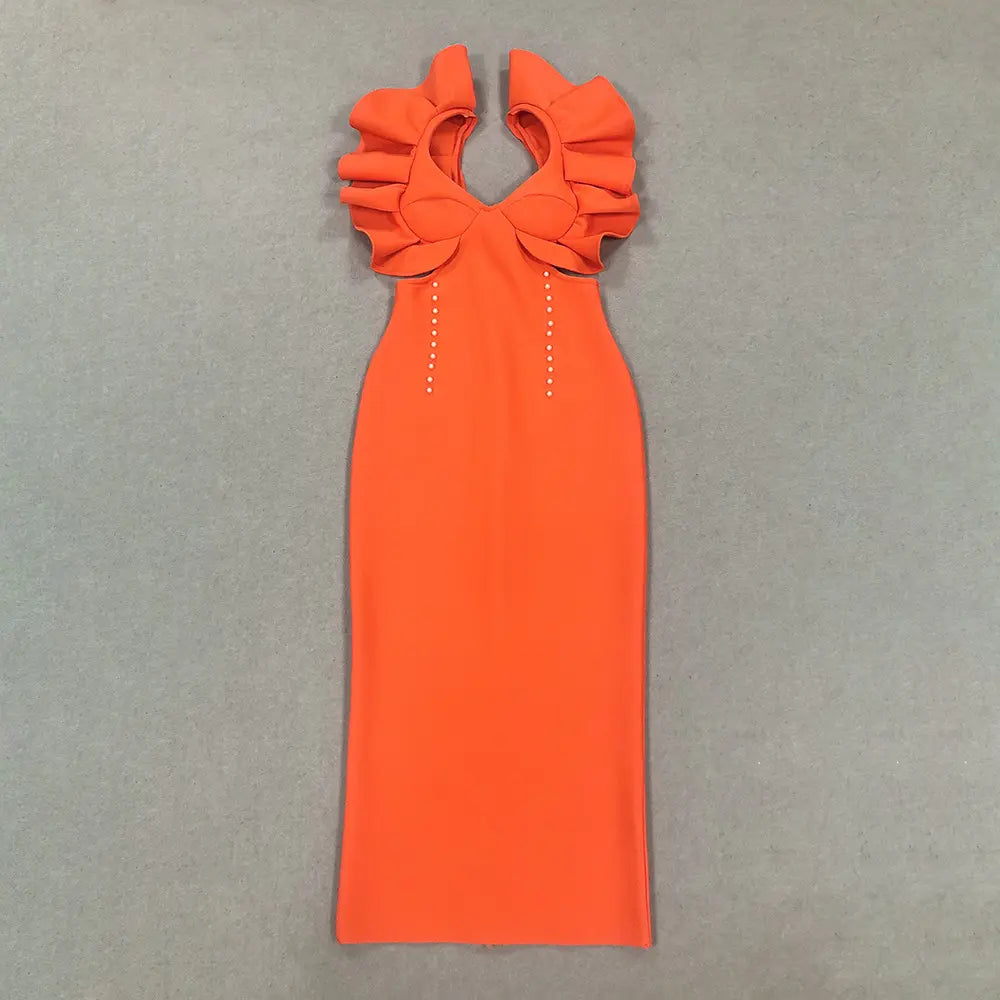 Wholesale Dropshipping Elegant Evening Dress Orange Bandage Dress Party Wear Luxury Women Ruffle Sleeve Evening Dress