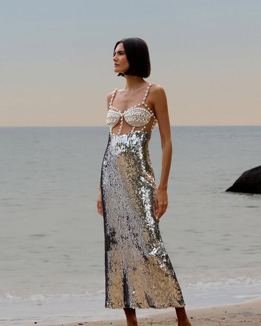 Wholesale Elegant Womens Summer Clothing Long Sequined Evening Dresses Pearl Bead Top Silver Sequin Evening Party Dress
