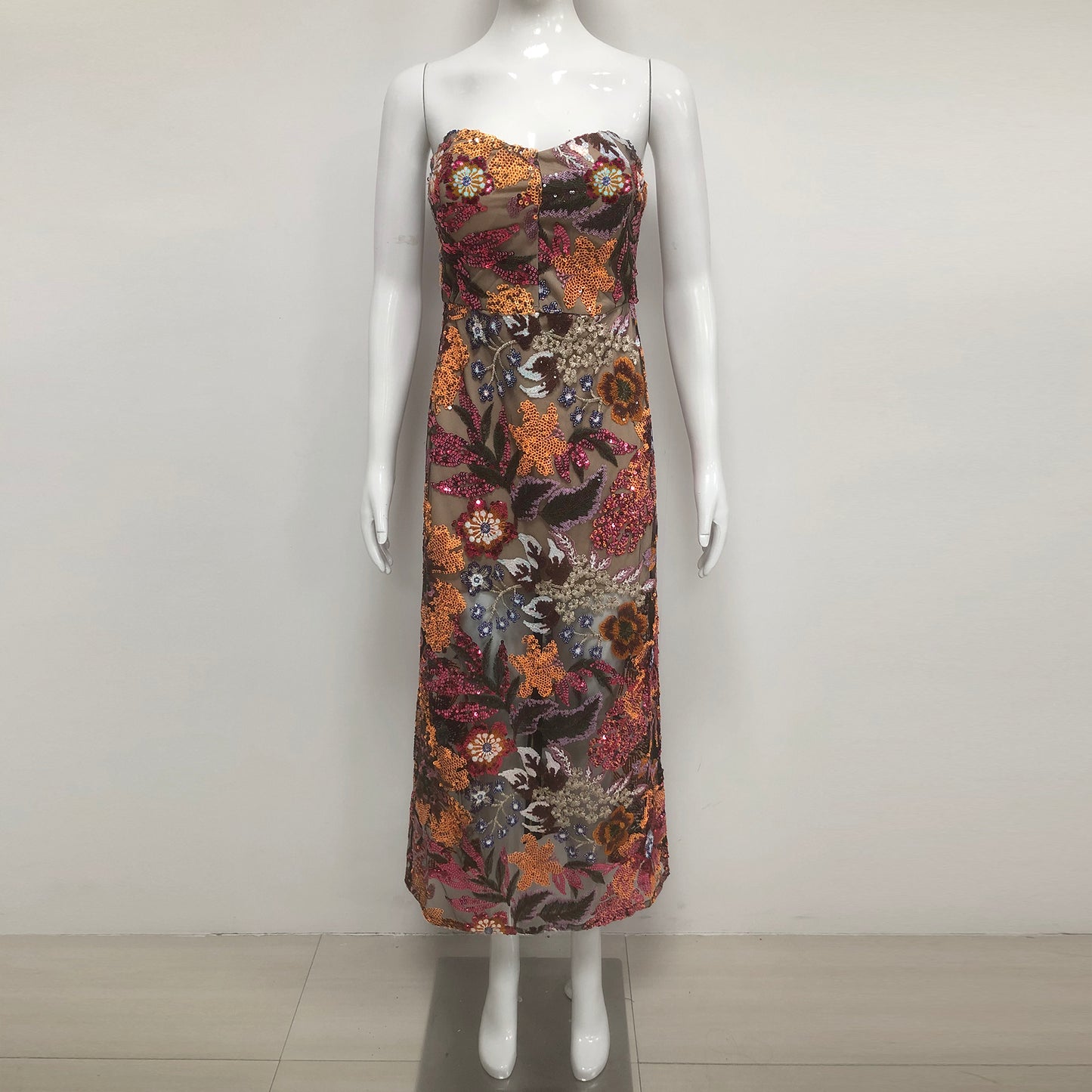 Floral Embroidery Sequined Mesh Evening Gown