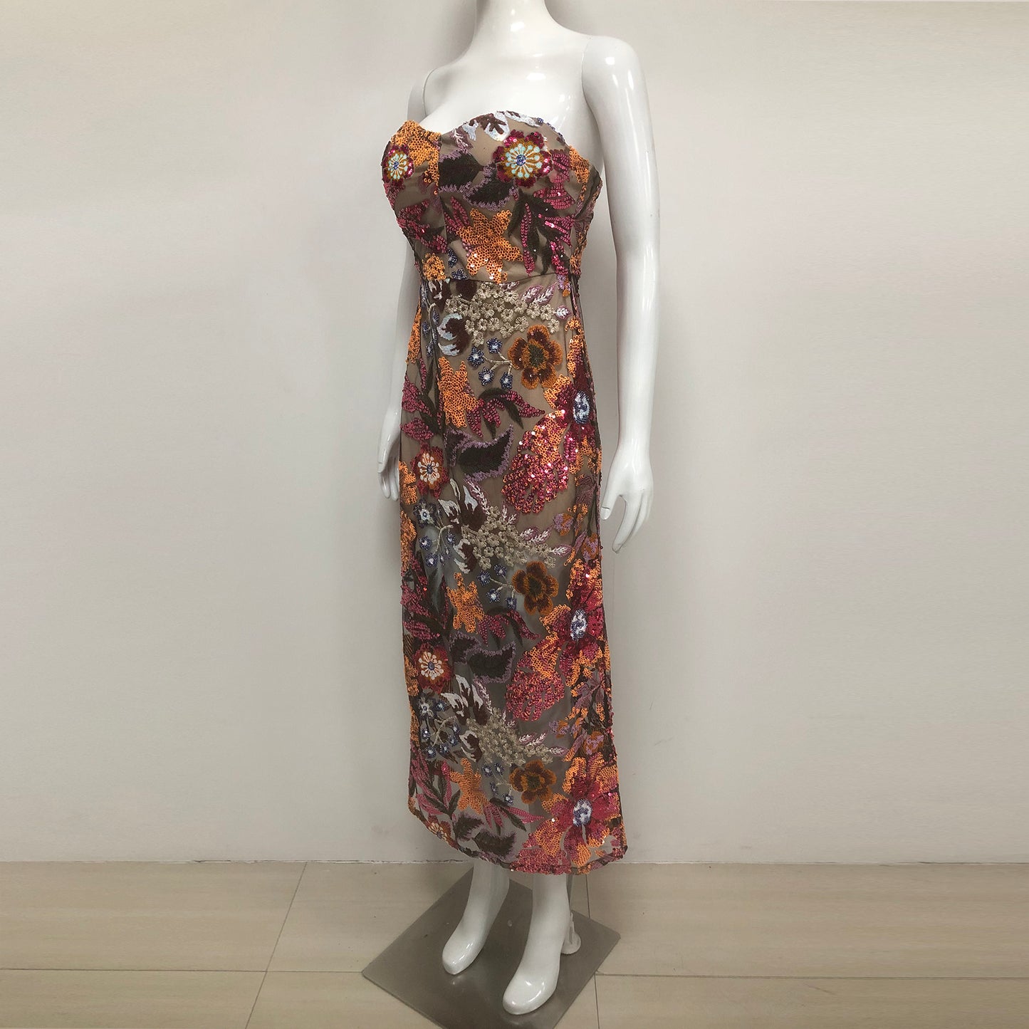 Floral Embroidery Sequined Mesh Evening Gown