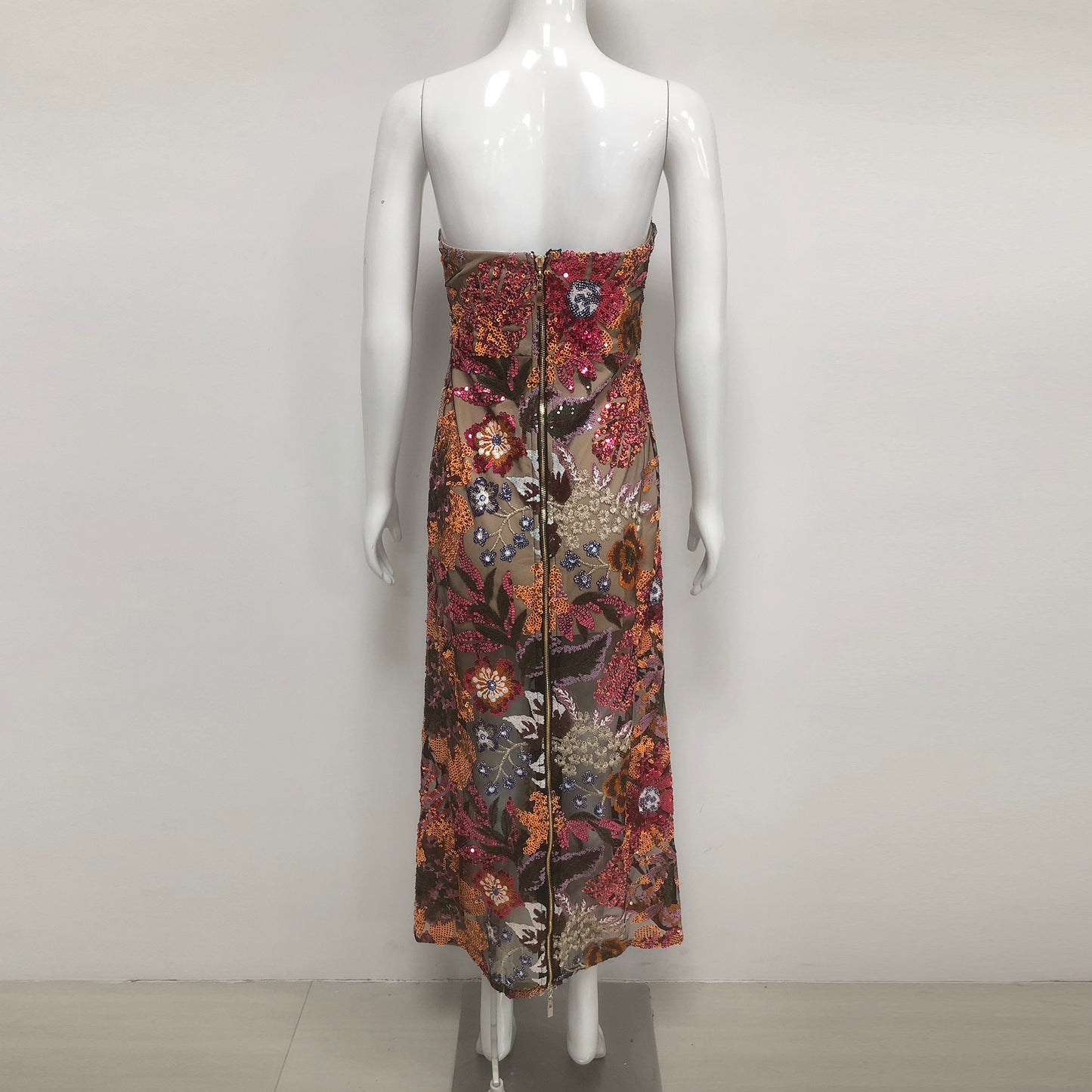 Floral Embroidery Sequined Mesh Evening Gown