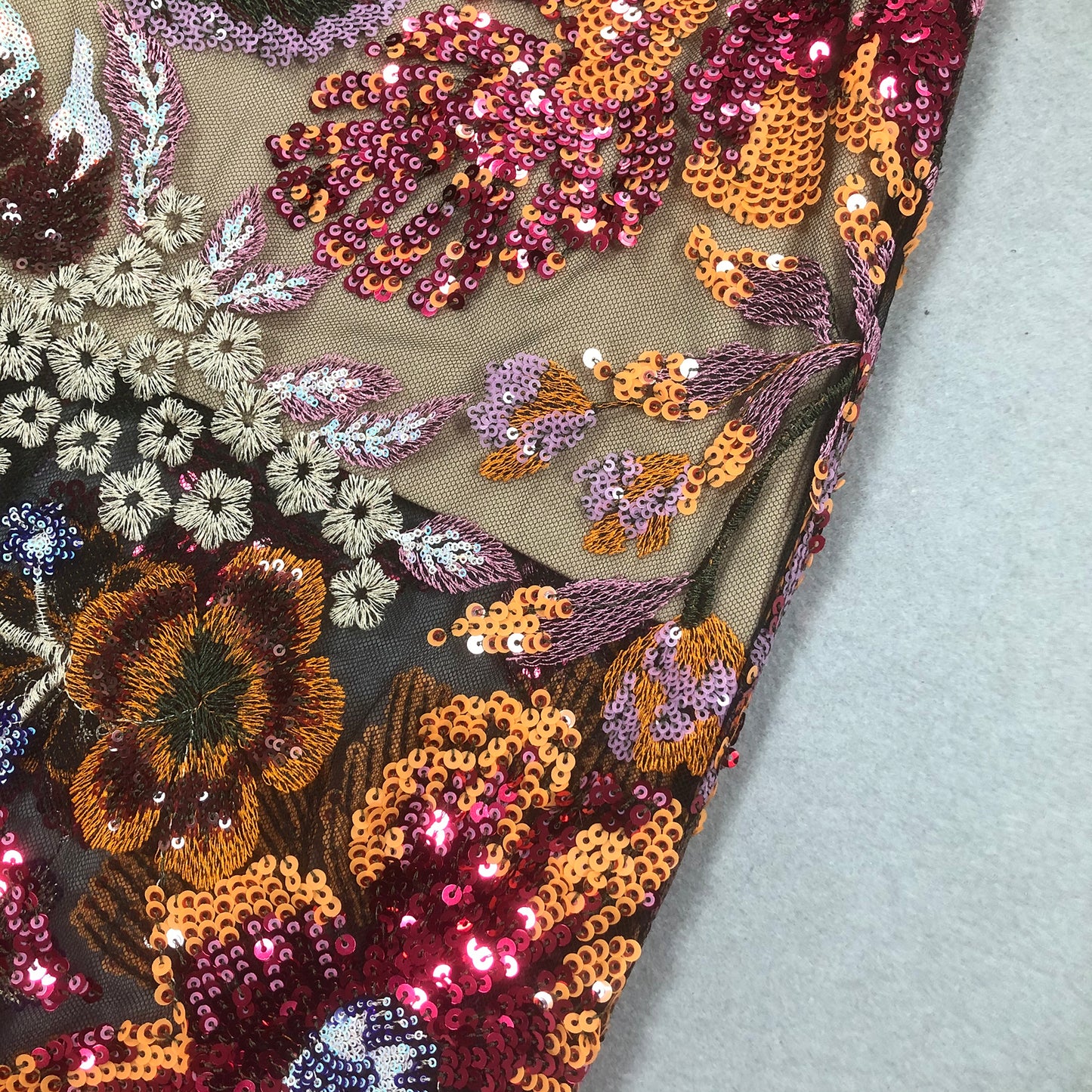 Floral Embroidery Sequined Mesh Evening Gown