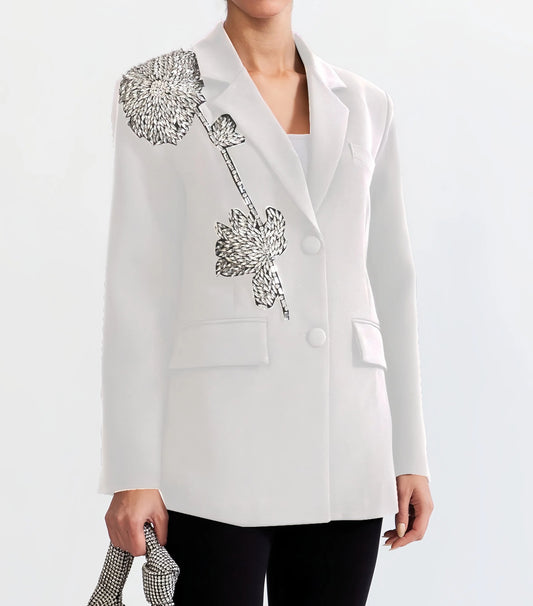 V Neck Long Sleeve White Blazer With Rhinestone