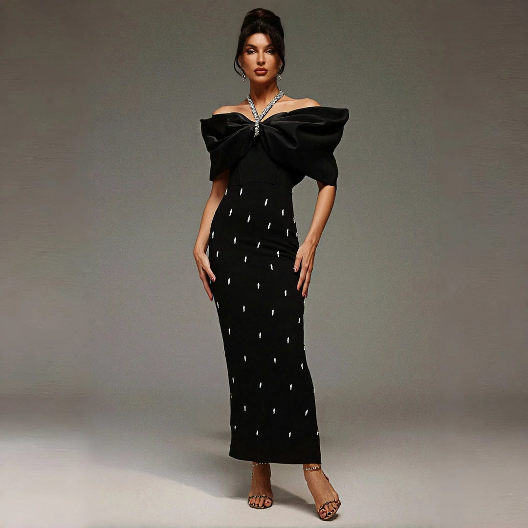 Rhinestone V Neckline Bow Formal Gown