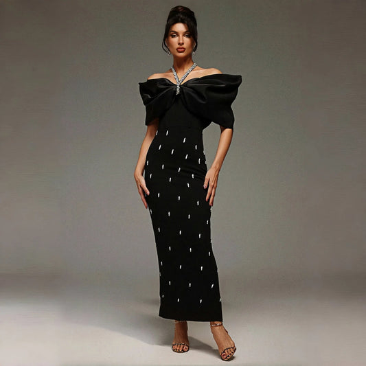 Rhinestone V Neckline Bow Formal Gown