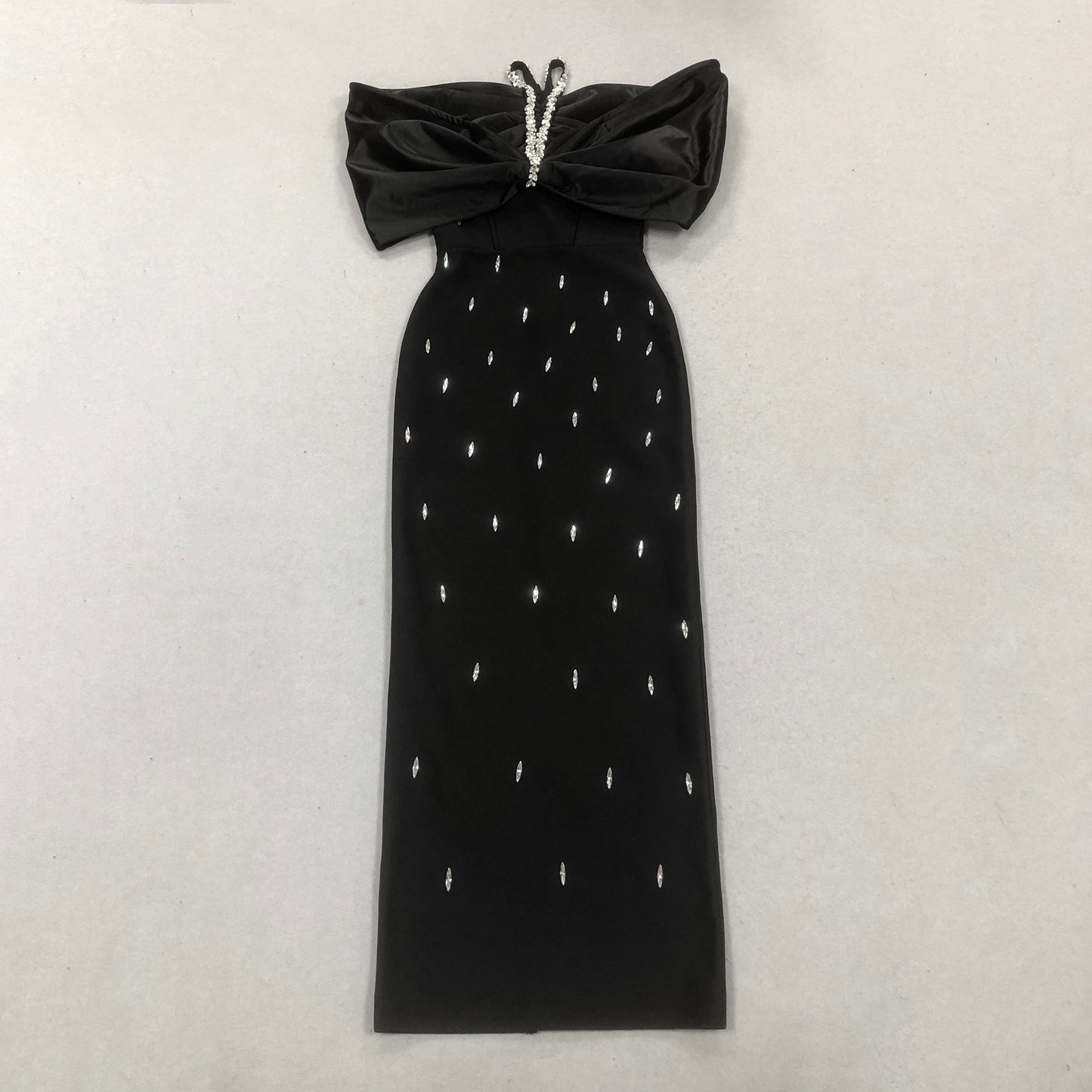 Rhinestone V Neckline Bow Formal Gown