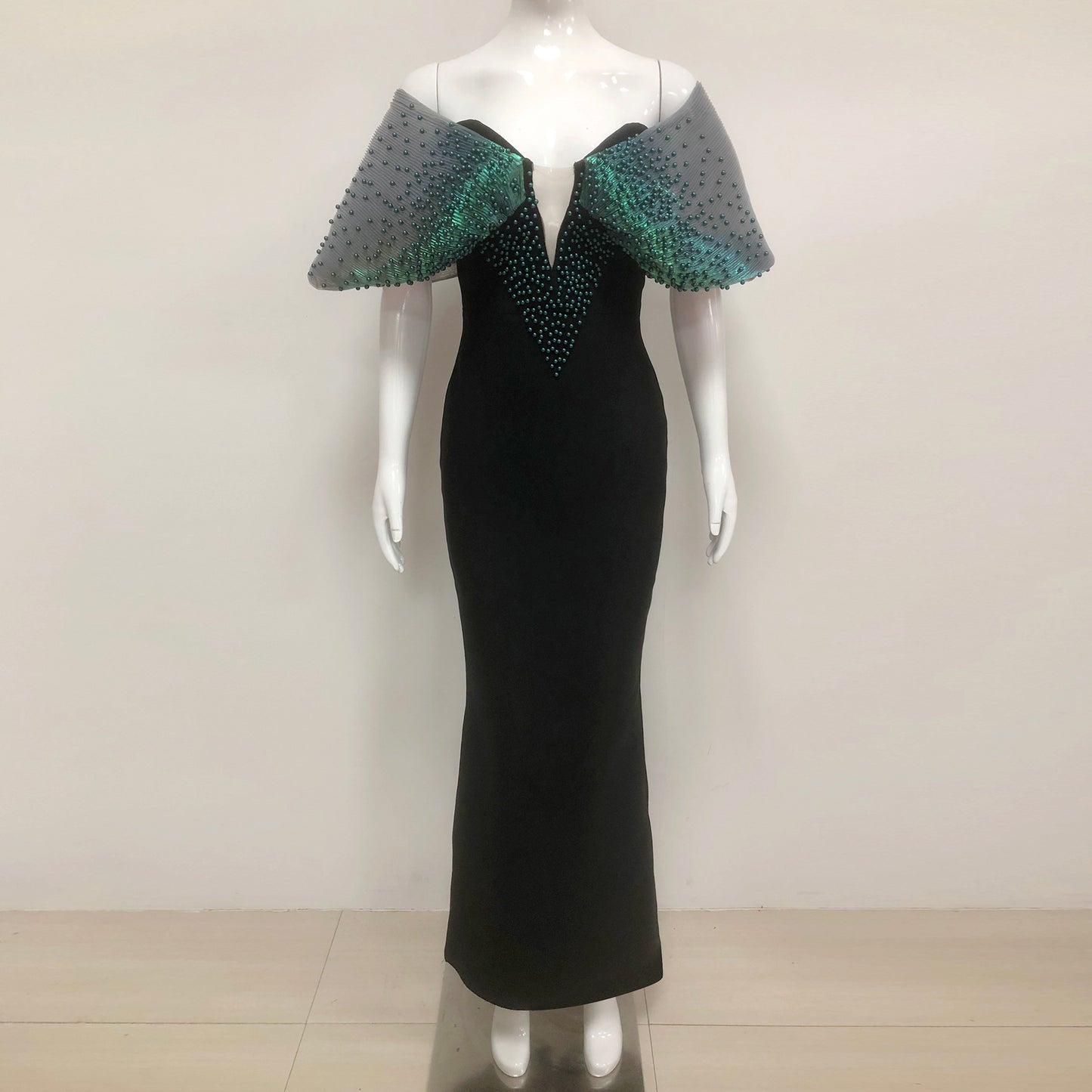 Black Off Shoulder Beaded Bodycon Maxi Evening Dresses